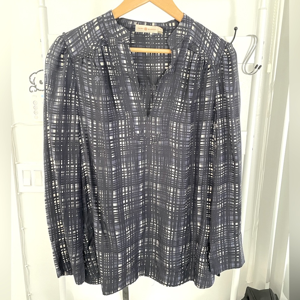 Tory Burch Women Shirt Blouse Office Medium 8 Navy Strip Silk